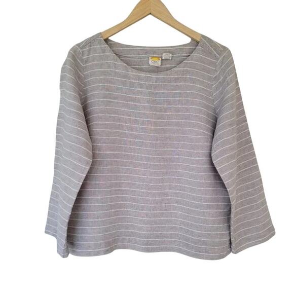C&C California Long Sleeve Striped Linen Top Tan White Women Size M Round Neck - Picture 1 of 9
